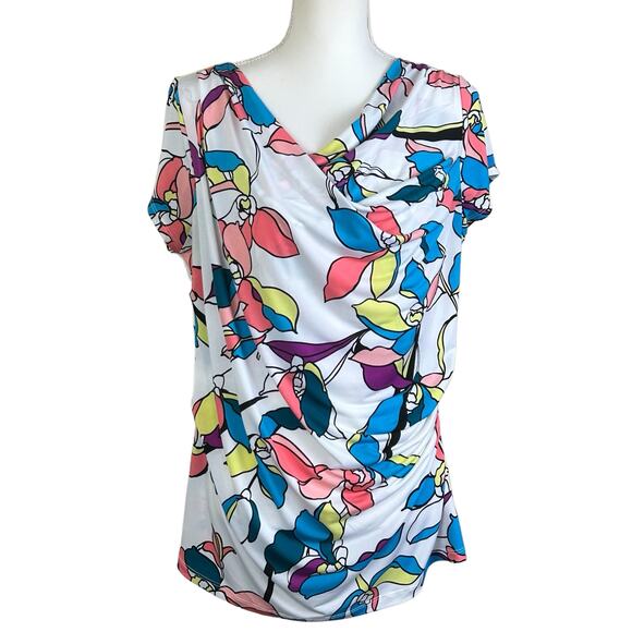 Worthington Top Women Large White Blue Yellow Floral Cowl Neck Draped Stretch - Picture 1 of 10